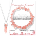 Pink watermelon crystal necklace and stretch bracelet set with natural gemstone pendant - Chip Bracelet + Hexagonal Point Necklace Set / Watermelon Crystal