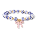 Blue floral porcelain bead bracelet featuring a pink bow pendant and gold accents - Enamel Bow Blue Floral Style (CCA910)