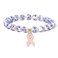 Blue and white porcelain beaded bracelet with a pink ribbon charm and golden accents - Pink Ribbon Blue Floral Style (CCA911)