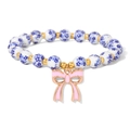 Blue and white porcelain beaded bracelet with a pink bow pendant and gold accents - Pink Bow Blue Floral Style (CCA913)