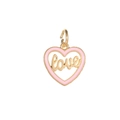 Detail view of heart-shaped gold charm with pink enamel and Love lettering - Love-Pink