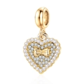 Fonkelende hartvormige hanger met gouden strik, diamanten en parels op witte achtergrond - Goud