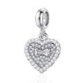 Colgante de corazón de plata con borde de perlas y nudo de circón para pulseras - Estilo Corazón con Borde de Perla Artificial y Lazo (MDF736)