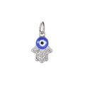Macro view of silver Hamsa hand charm with blue evil eye and sparkling crystals - Hamsa Hand Evil Eye (MDF582)