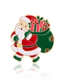 Christmas Santa Claus enamel brooch pin with green gift bag and gold alloy base - Santa with Backpack Style