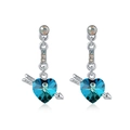 Minimalist silver heart earrings featuring blue Austrian crystal and Cupid's arrow drop - Aqua