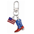 USA flag keychain with rhinestone rectangle and blue glitter cowboy boot pendant - Rhinestone Flag and Cowboy Boot Style (MDK016)