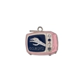 Roze retro TV-hanger met witte bottenhand en COMING-tekst voor Halloween-sieraden - Vintage TV Stijl (MDF852)