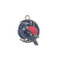 Gothic round enamel pendant featuring a raven and red rose with golden moon and stars - Round Rose Raven Style (MDF857)