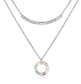 Collar de doble capa plateado con barra curva y colgante circular de cristal arcoíris - Colgante Redondo Aurora de Doble Capa (SW176) / Doble Capa Aurora (SW176)