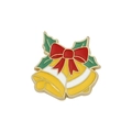 Christmas enamel brooch featuring golden bells and a red bow on a white background - Bell