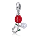 Delicate red tulip flower charm with green leaves, white pearl and sparkling zircon stones - Red Tulip Pearl Style (DGB1999)