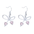 Silver bow earrings with pink heart crystals and ear hooks in a minimalist sweet style - Silver with Pink Rhinestone