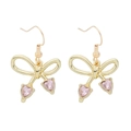 Golden bow earrings with pink heart gemstones and classic hook design for women - Gold + Pink Zirconia