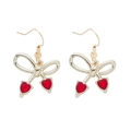 Sweet gold bow earrings with hanging red hearts and fishhook ear wires for women - Gold + Red Zirconia