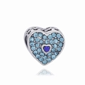Charm en forme de cœur pour bracelet avec cristaux bleus pavés et pierre centrale bleue - Cœur Pavé Bleu Clair (1)