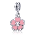 Pink enamel cherry blossom flower charm in silver finish with white pearl center - Pink Five-Petal Flower Pearl Style (DGB2001)