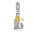 Silver bead pendant with sparkling number 16 and golden heart lock for charm bracelet - Number 16
