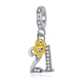 Silver and gold number 21 bead charm with micro-paved zircons and a small heart lock - Number 21