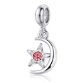 Polished S925 silver moon and star charm with a sparkling pink cubic zirconia - Pink Star Moon Style (DGB2004)