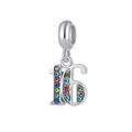 Polished silver number 16 charm pendant with vibrant multi-colored inlaid crystals - Number 16