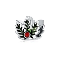 Zilveren hulstblad bedel met rode zirkoon en groen emaille voor feestelijke armbanden - Hulstblad (MDF023)
