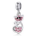 Silver cat charm with pink heart crystals and black gemstone eyes for DIY bracelets - Heart Cat Style (DGB2013)