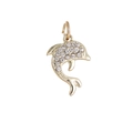 Golden dolphin charm pendant with white rhinestones for jewelry making on white background - Full Zircon Leaping Dolphin (MDF083)