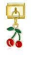 Italienisches Charm-Glied mit goldener Basis und rotem und grünem Kirsch-Anhänger - Doppelkirsche-Stil (MK-DGB352)