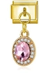 Italienischer Charm-Link mit goldenem Oval-Anhänger, rosa Stein und Kristall-Halo - Rosa Ovaler Hauptstein (MK-DGB569)