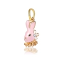 Pink enamel rabbit charm with gold trim and crystal flower for DIY jewelry making - Pink Rabbit with Flower (DGB747)