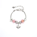 Detail of beaded charm bracelet with pink glass beads and Big Sister engraved heart pendant - Light Red-Big Sister / 16cm