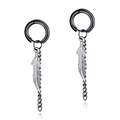 Fashionable titanium steel tassel earrings featuring silver feather and black chain details - 553-Black