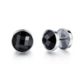 Pair of round black zircon stud earrings with polished silver stainless steel base - Silver