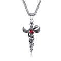 Gothic silver sword necklace with wings and snake winding around a red heart gem - Black Color Single Pendant