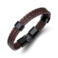 Bracciale multistrato da uomo in pelle intrecciata marrone scuro con fibbia nera opaca - Pelle Marrone Chiusura Nera