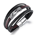Men's multilayer braided leather bracelet in black and red with silver metal knot - Black Woven With Red Stitching Style (1370)