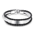 Men's multilayer black and white braided leather bracelet with engravable steel plate - Black and White