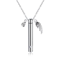 Collier flacon de parfum cylindre argenté poli avec breloques plume et zircone brillant - Collier Couleur Acier Avec Aile Strass