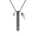 Pendentif cylindre en acier noir avec breloques plume et zircon sur chaîne fine - Collier Noir Avec Aile Strass
