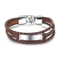 Men's multi-layer braided leather bracelet with dark brown bands and silver magnetic clasp - Brown