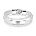Three-layer white braided leather bracelet featuring a polished silver metal ID plate - White