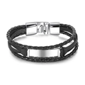 Three-layer braided black leather bracelet for men featuring a polished steel plate - Black