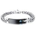 Men's silver Cuban chain bracelet with black plated plate and blue square zircon - Polished Black Men (Customizable)