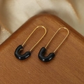 Modern U-shaped drop earrings with gold wires and black enamel finish on wooden stand - Pin Style (F984) / Black Glaze Gold