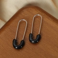 U-shaped safety pin earrings in silver and black enamel finish for women - Pin Style (F984) / Black Glaze Steel Color