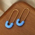 U-shaped safety pin earrings in gold stainless steel with sky blue enamel finish - Pin Style (F984) / Blue Enamel Gold
