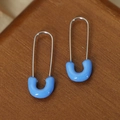 U-shaped safety pin earrings in sky blue enamel finish with silver-tone metal - Pin Style (F984) / Blue Enamel Steel