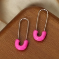 Morandi style safety pin U-shaped steel earrings in glossy pink and silver finish - Pin Style (F984) / Rose Red Enamel Silver Color