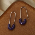 Deep purple enamel U-shaped drop earrings with silver-tone hooks for a minimalist look - Pin Style (F984) / Purple Enamel Steel Color